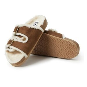 NWT EZ FEET CHESTNUT FUR LINED DOUBLE BUCKLE INDOOR/OUTDOOR SLIPPERS SZ 8